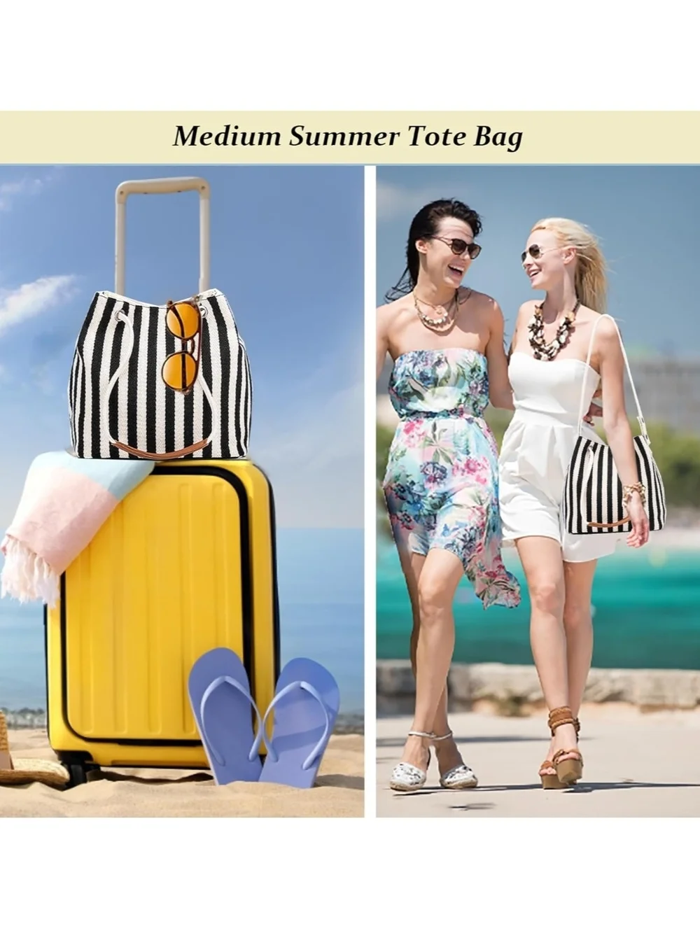 Striped Black & White Drawstring Bucket Bag